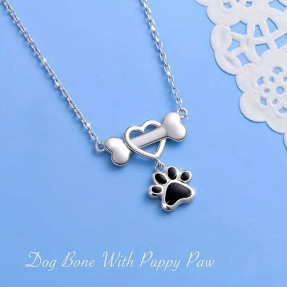 Silver Paw Print & Dog Bone Pendant Necklace Puppy Fashion Heart Adjstble Enamal - Picture 1 of 6